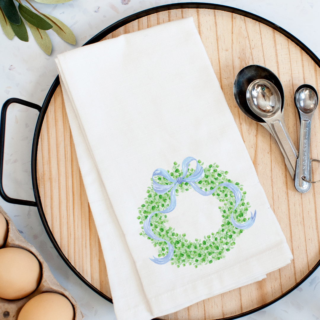 Spring Boxwood Wreath Kitchen Towel