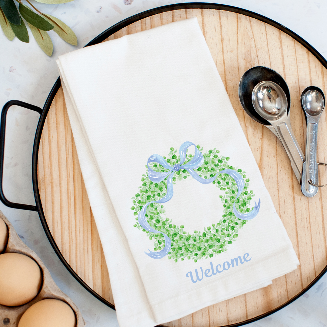 Boxwood Wreath Welcome Kitchen Towel