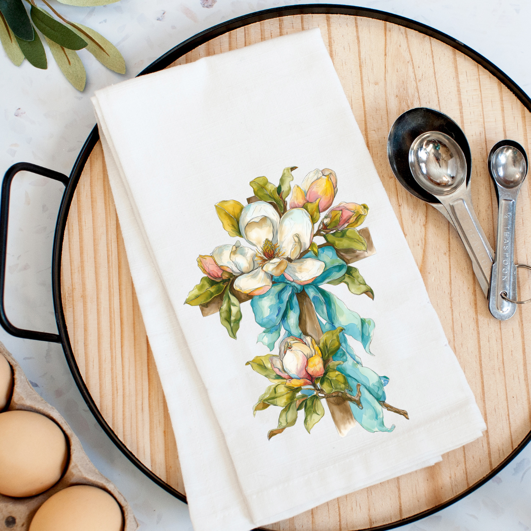 Magnolia Bloom Cross Kitchen Towel